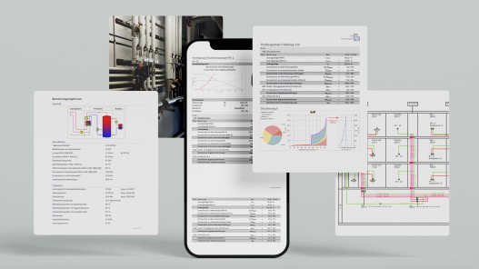 Grafische Collage digital aufbereiteter Daten wie Dokumente, Diagramme und Strangschemen als Ergebnis des KEMPER Systemchecks