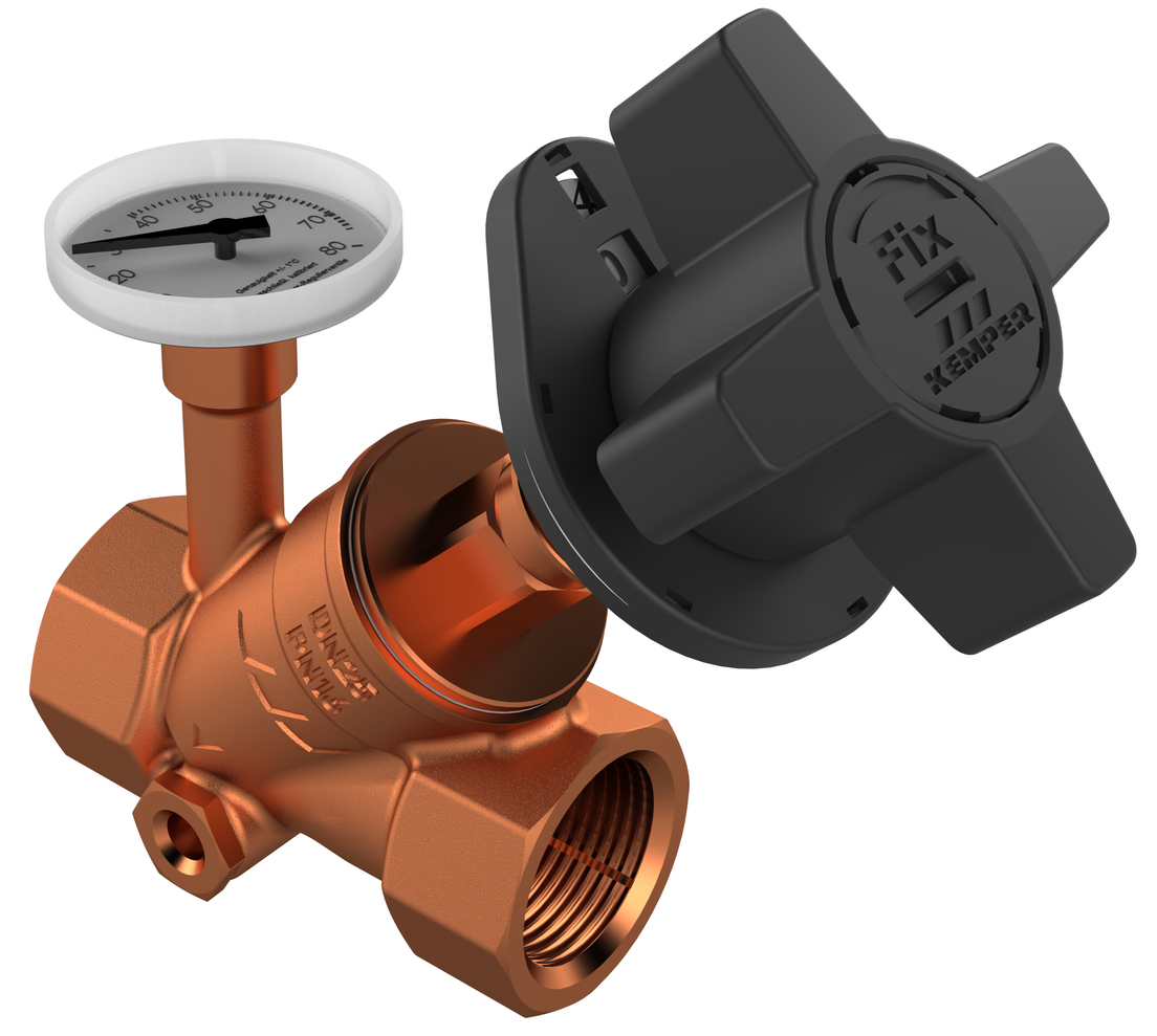 MULTI-FIX-PLUS regulerings/balanceringsventil, med termometer og tømmeprop, muf/muf, Figur 151 06