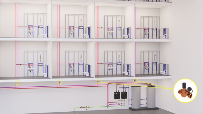 Warmtapwatercirculatie: Leidingnetwerk voor warm water met circulatie in stijg- en verdeelleidingen